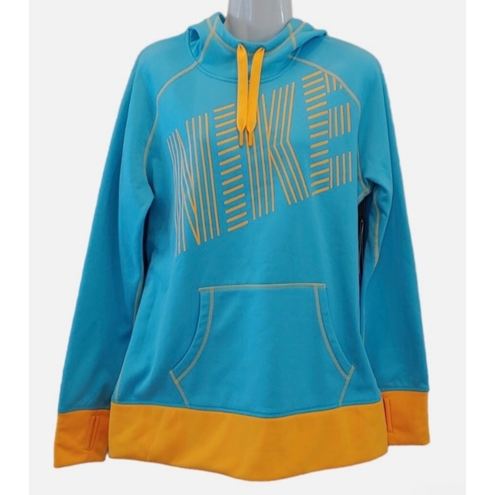 NIKE THERMA-FIT HOODIE Sweatshirt Pullover FUNNEL NECK Aqua Blue Yellow SZ L